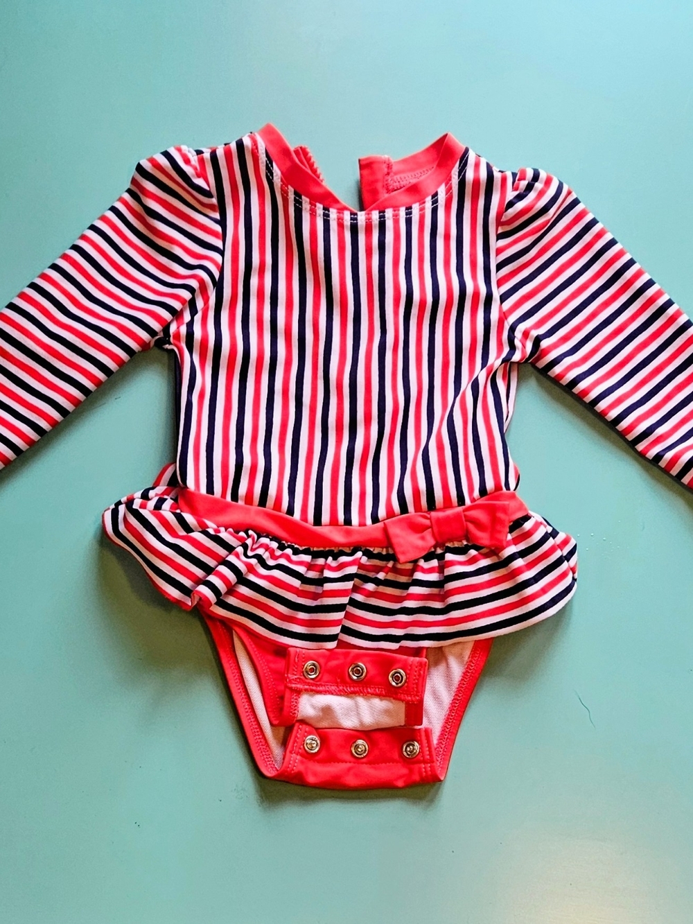 Cat & Jack Girls' Long-Sleeve Stripe Rashguard Swimsuit — Coral, Navy & White